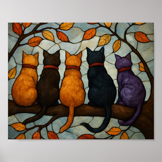 Affiche Cinq chats sur une branche d'arbre de style vitrai (Devant)