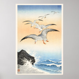 Affiche Cinq Mouettes Au-Dessus D'une Mer Turbulente Japon