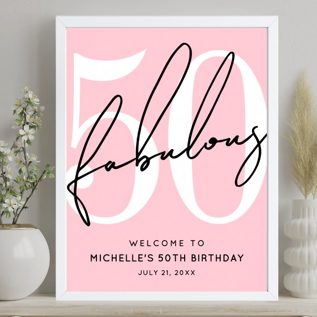 Affiche Cinquante Fabuleux Rose Gommé 50ème Anniversaire d (Fifty Fabulous Blush Pink 50th Birthday Welcome Poster)