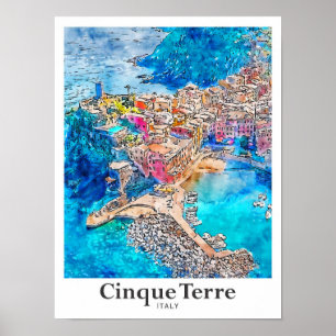 Affiche Cinque Terre Italie Aquarelle Voyage Main tirée