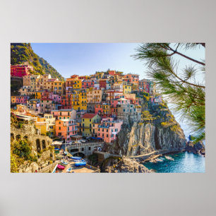 Affiche Cinque Terre, Italie Bord de mer Vieille Ville Bât