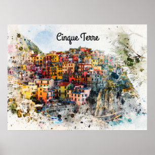 Affiche Cinque Terre Liguria Italy scene summer watercolor