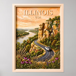 Affiche Circuit routier dans l'Illinois, paysage vintage d