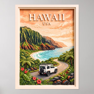 Affiche Circuit routier vintage à Hawaii USA, paysage text