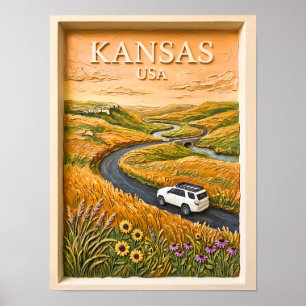 Affiche Circuit routier vintage dans la prairie du Kansas,