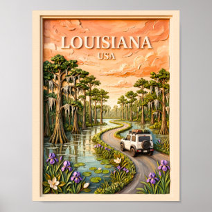 Affiche Circuit routier vintage en Louisiane dans le marai