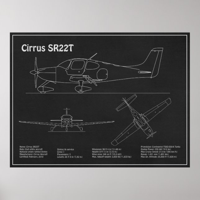 Affiche Cirrus SR22T - Plans de dessin du plan d'avion PD (Devant)