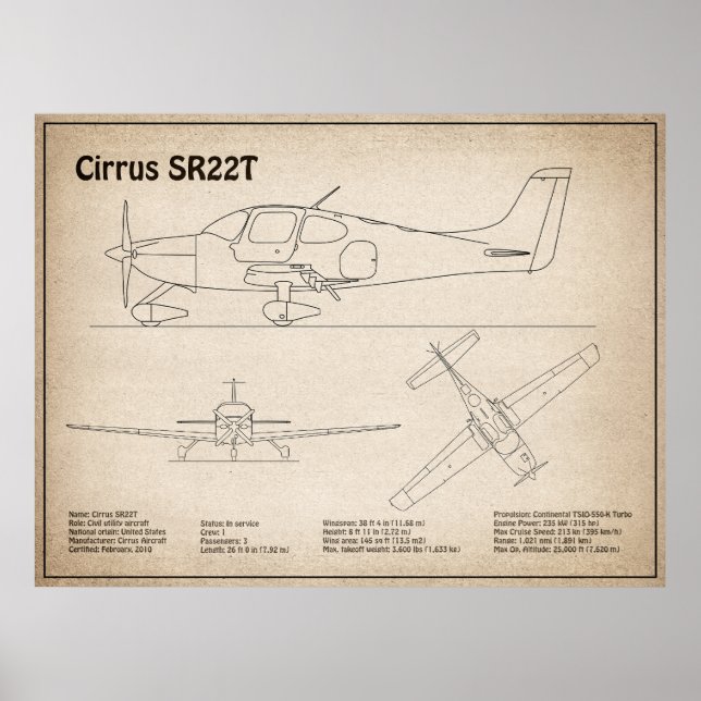 Affiche Cirrus SR22T - Plans de dessin du plan directeur d (Devant)