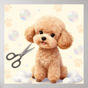 Affiche Ciseaux à bulles de toilettage de caniche mignon