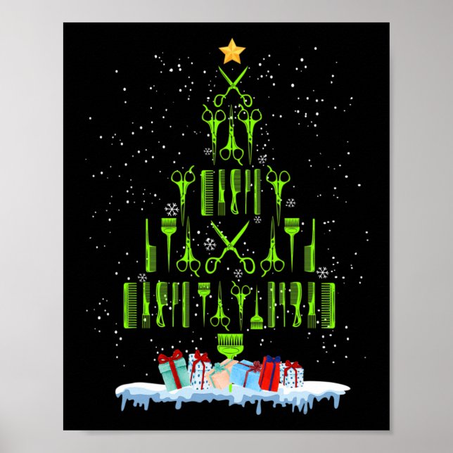 Affiche Ciseaux Cheveux Arbre de Noël Drôle Coiffeur Xma (Devant)