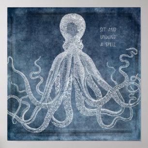 Affiche Citation d'aquarelle bleu octopus twilight Vintage