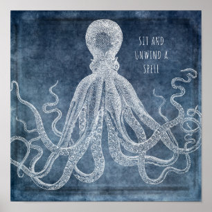 Affiche Citation d'aquarelle bleu octopus twilight Vintage