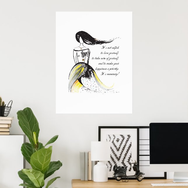 Affiche Citation de dame illustrée d'inspiration Self LOVE (Bureau à domicile)