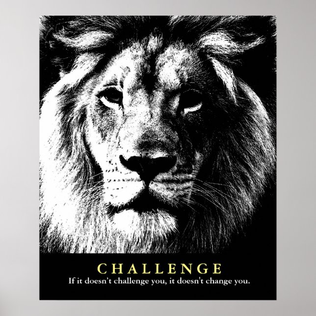 Affiche Citation du Défi Motivationnel Lion Blanc Noir (Devant)