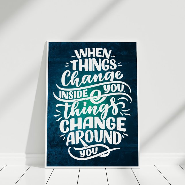Affiche Citation Inspirante de Papier Peint Bleu Foncé (Dark Blue Inspirational Quote Typography Wall Art in white frame.)