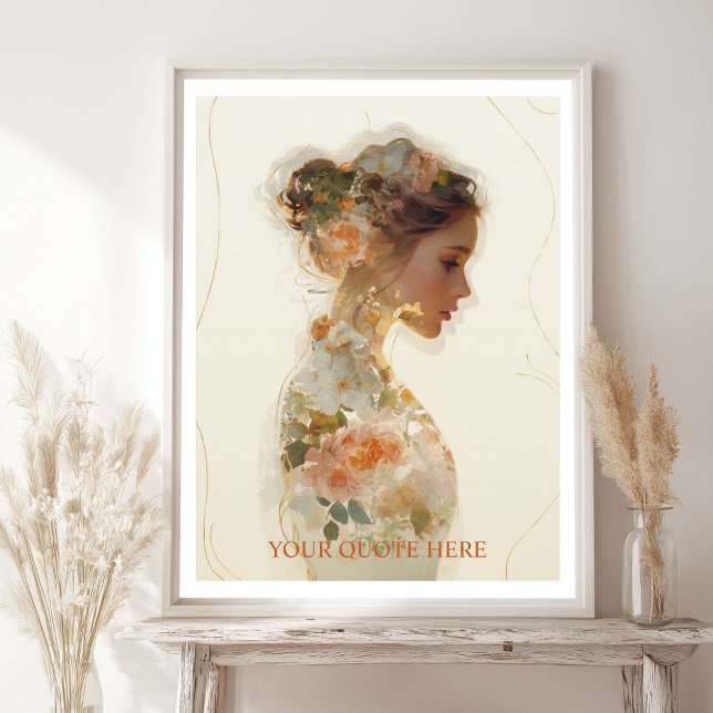 Affiche Citation Personnalisée Silhouette Femme Florale Ro (Romantic Floral Woman Silhouette Custom Quote Poster with your Favorite Quote)