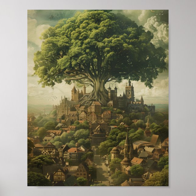 Affiche Cité Médiévale Avec Arbre Géant (Devant)
