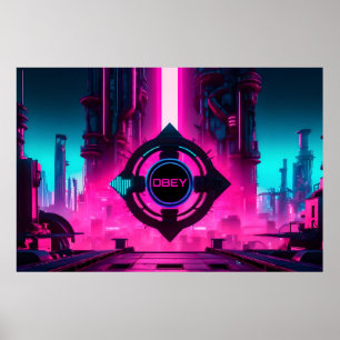 Affiche Cité néon Cyberpunk dystopique Obéir Sci-Fi
