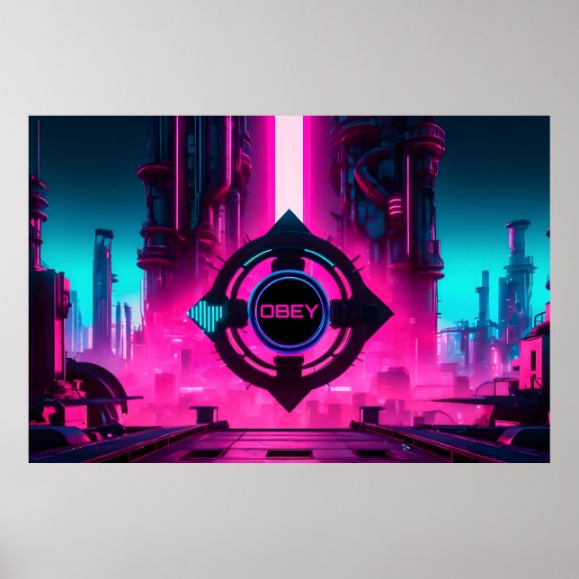 Affiche Cité néon Cyberpunk dystopique Obéir Sci-Fi (Devant)