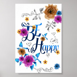 Affiche Citez le bonheur positif bleu violet or fleurs