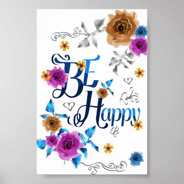 Affiche Citez le bonheur positif bleu violet or fleurs (Devant)