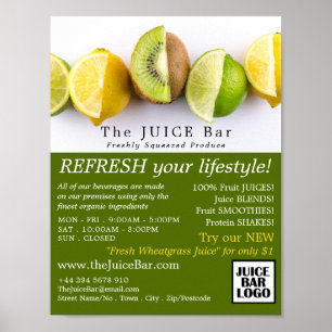 Affiche Citron, citron vert et Kiwi, bar à jus Publicité