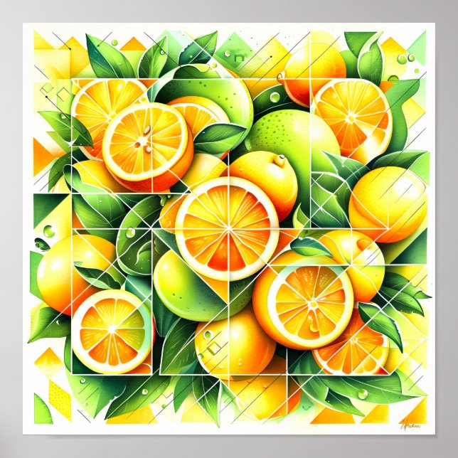 Affiche Citron Orange Botanique Citrus Géométrique (Devant)