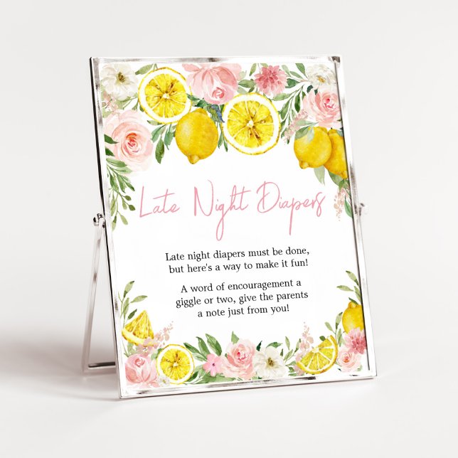 Affiche Citron rose Floral Late Night Diapés (Summer Lemon Citrus Baby Shower Late Night Diapers Sign)
