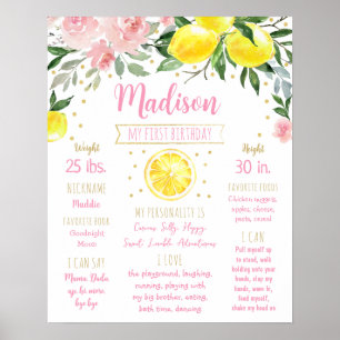Affiche Citron rose or Floral Premier anniversaire Jalon