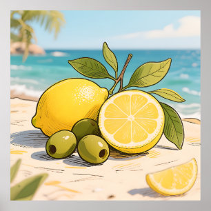 Affiche Citron Soleil Olive Fraîcheur Bord de Mer