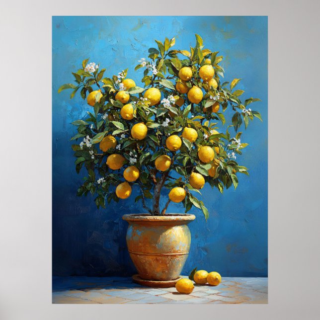 Affiche Citronnier en pot de terre cuite avec fleurs (Devant)
