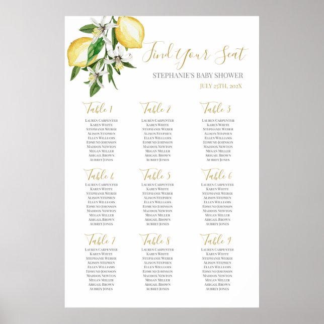 Affiche Citrons Baby shower Girl Sein Chart (Devant)