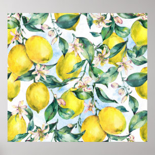 Affiche citrons d'aquarelle, branche d'agrumes frais.