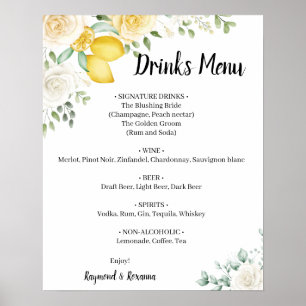 Affiche Citrons et boissons Roses Menu Mariage Signer