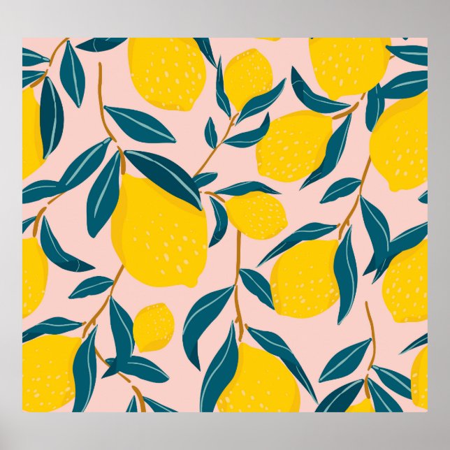Affiche citrons illustrés : motif transparent rose (Devant)