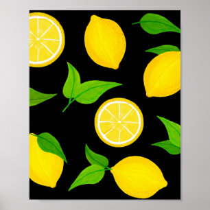 Affiche Citrons jaunes d'été avec Feuilles verts sur noir