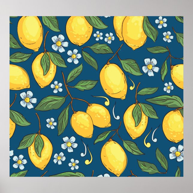 Affiche Citrons jaunes : Motif de fruits tropicaux. (Devant)