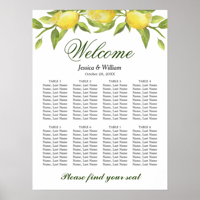 Affiche Citrons & verdure 8 tables Mariage CHART DE SIÈGE (Devant)