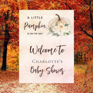 Affiche citrouille baby shower sur le chemin crème bienven