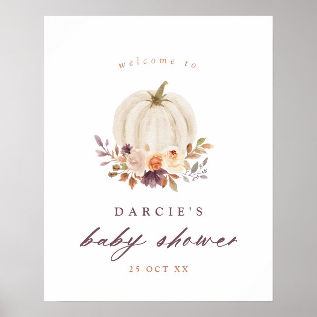 Affiche Citrouille blanc & Fleurs violettes Baby shower Bi (Devant)