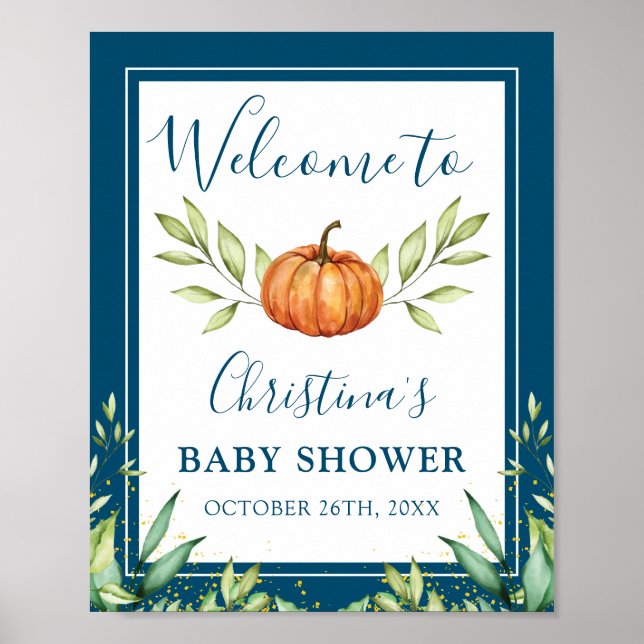 Affiche Citrouille bleu de minuit Baby shower d'automne Bi (Devant)