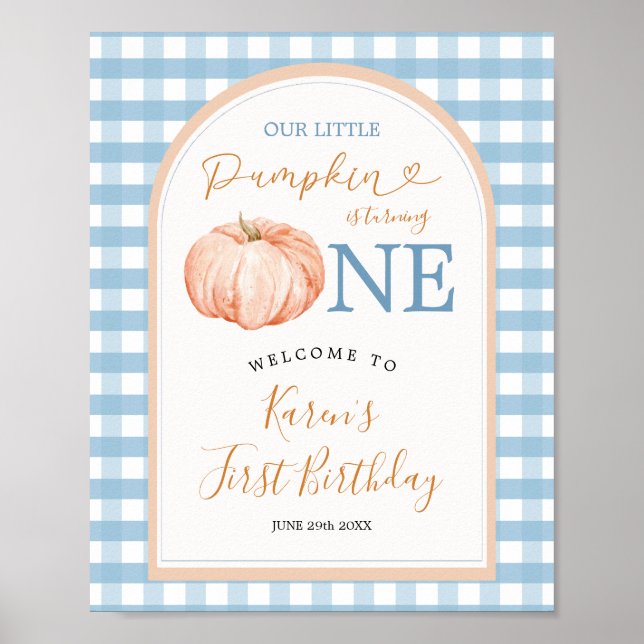 Affiche Citrouille Boho Blue En vichy 1er anniversaire Bie (Devant)