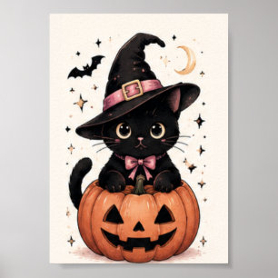 Affiche Citrouille Chapeau de Sorcière Chat Noir