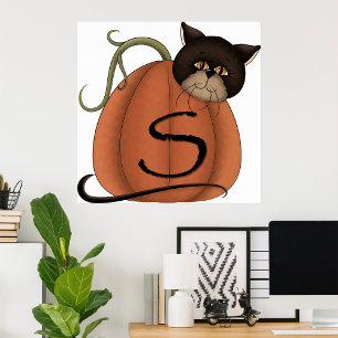Affiche Citrouille Chat Noir Lettre S Halloween