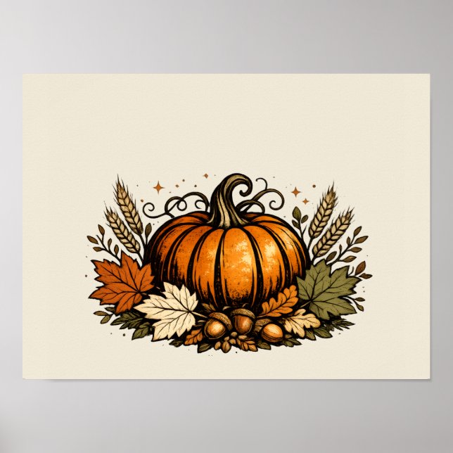 Affiche Citrouille d'automne vintage et feuilles de récolt (Devant)