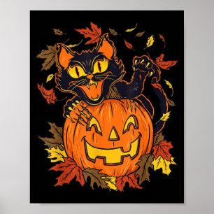 Affiche Citrouille de chat noir vintage Halloween automne