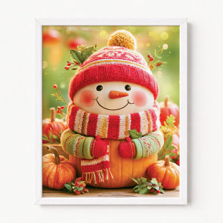 Affiche Citrouille de Noël déguisée en bonhomme de neige