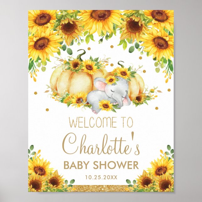 Affiche Citrouille de tournesol Elephant Baby shower Bienv (Devant)
