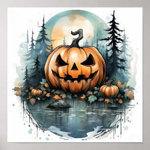 Affiche Citrouille Déplaisant Halloween en forêt