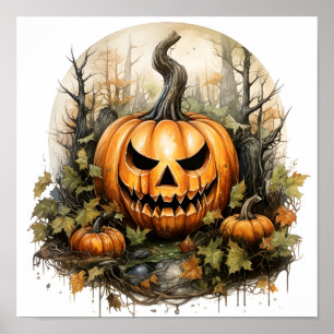 Affiche Citrouille Déplaisant Halloween en forêt